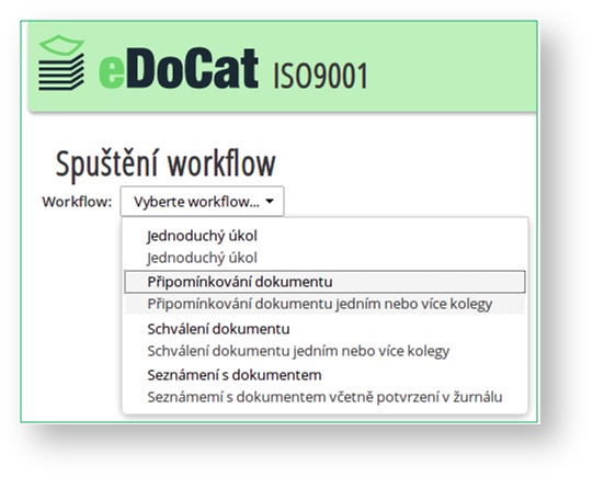 eDoCat | Workflow vyberete z karty dokumentu položkou Začátek pracovního postupu