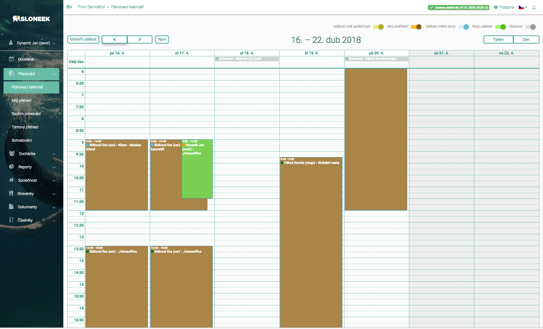 Sloneek | Plánovací kalendář s možností vidět dovolené ostatních členů týmu.