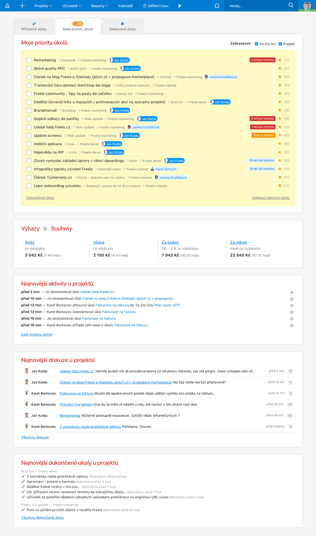 Freelo | Dashboard uživatele - seznam úkolů, výkazy, projekty a diskuze