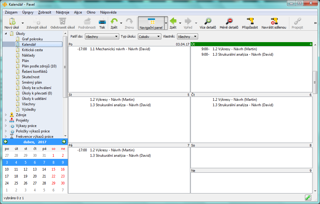 Instant Team | Kalendář zobrazuje naplánované úkoly po dnech (v denním, týdenním a měsíčním pohledu) nebo po měsících (ve čtvrtletním a ročním pohledu). Ke zlepšení orientace mohou být úkoly filtrovány podle projektu nebo zdroje.